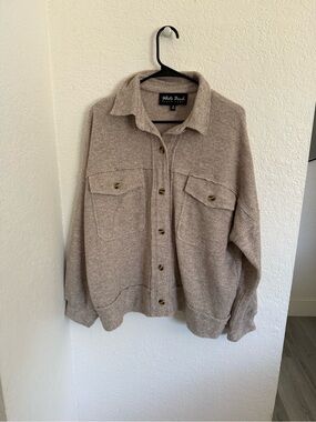 NanaMacs Neutral Ribbed Button-Up Shacket in Light Taupe
